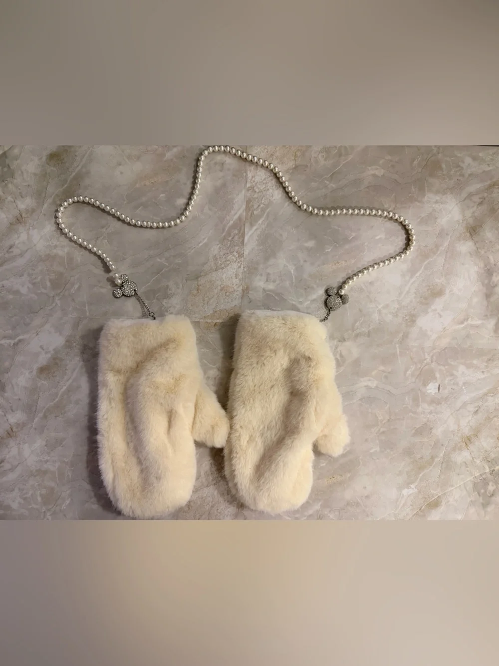 Disney Cream Faux Fur Pearl-Trim Mittens